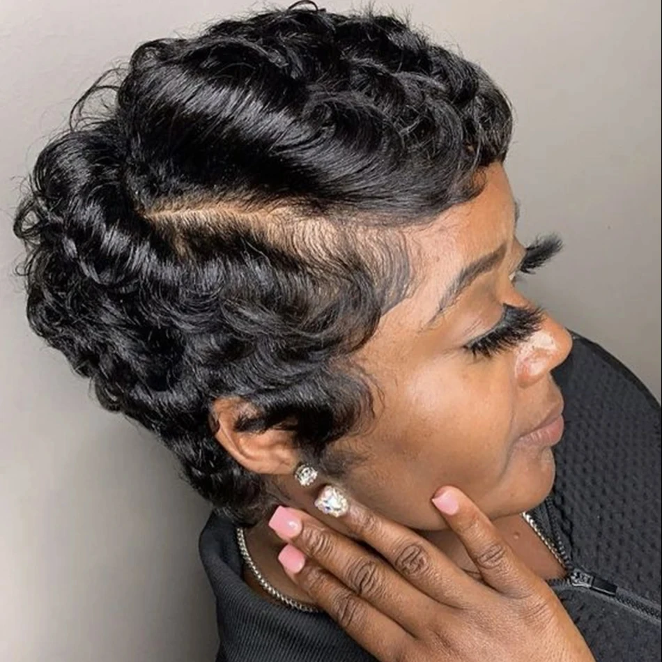 Pixie Cut Wig Short Curly Lace Front Human Hair Wigs For Black Women Raw Indian Finger Wave 13x4 Transparent Lace Frontal Wigs