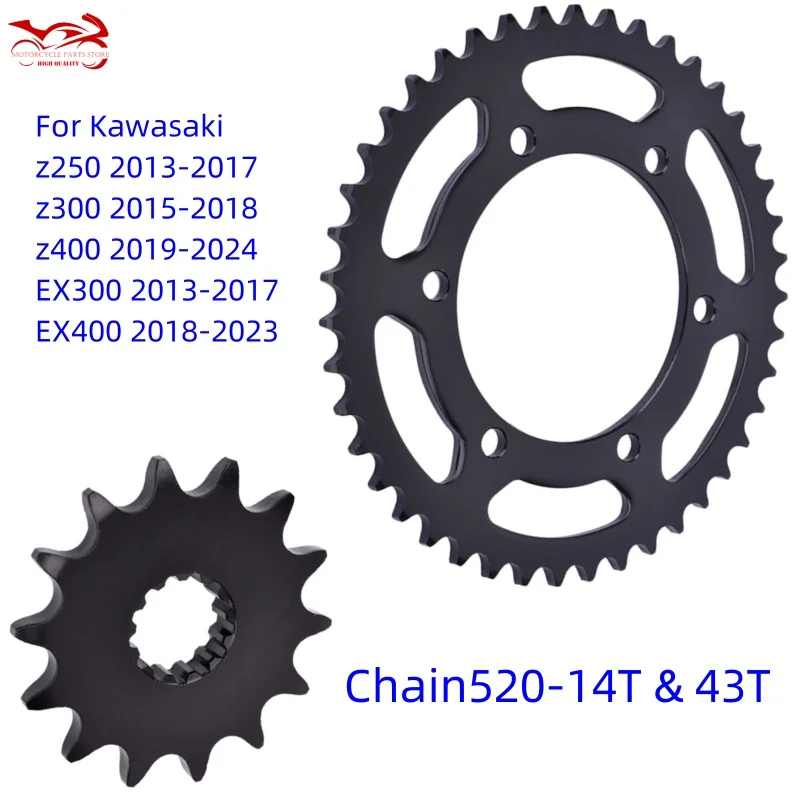 

For Kawasaki Z250 BX250 Z300 ER300 Z400 EX400 EX300 Ninja 300 400 ABS KRT Motor Front Rear Sprockets Chain 520 14 T 43 T Teeth