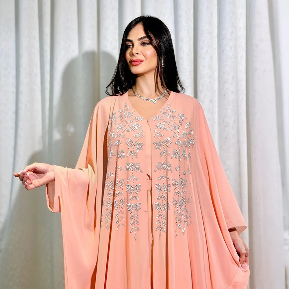 Diamonds Chiffon Abaya Kimono inner dress Set Dubai Muslim Cardigan Abayas Elegant Women Turkey Kaftan Robe female Islam Clothes