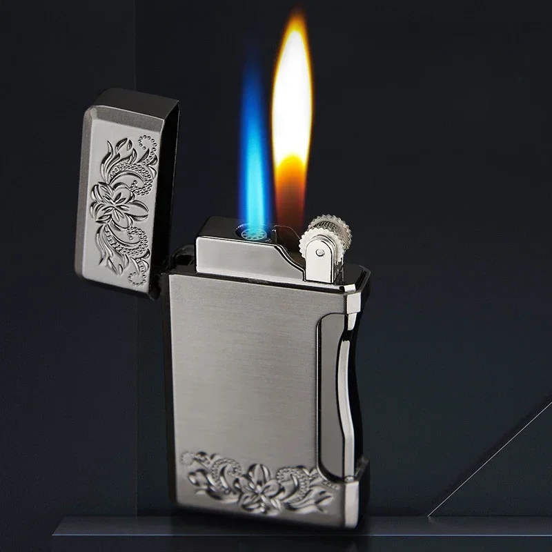 Creative Double Fire Switch Gas Lighter Metal Windproof Sand Wheel Inflatable Windproof Lighter Men Smoking Gifts