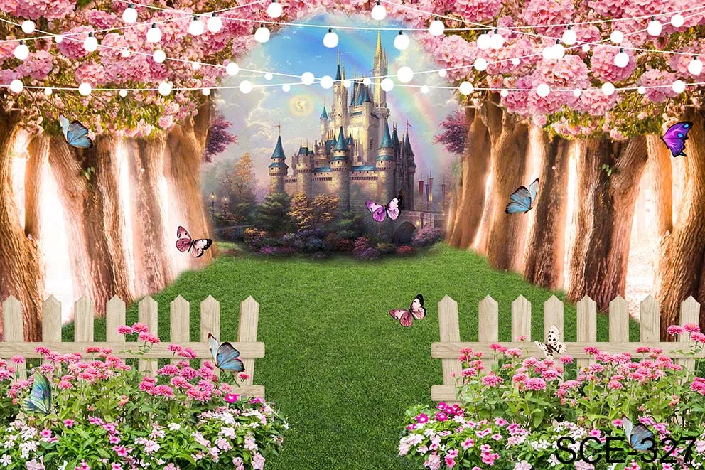 Cinderella Blue Castle Palace Cherry Blossoms Tree Fence Rainbow Butterfly Garden Backdrop Computer Print Party Background