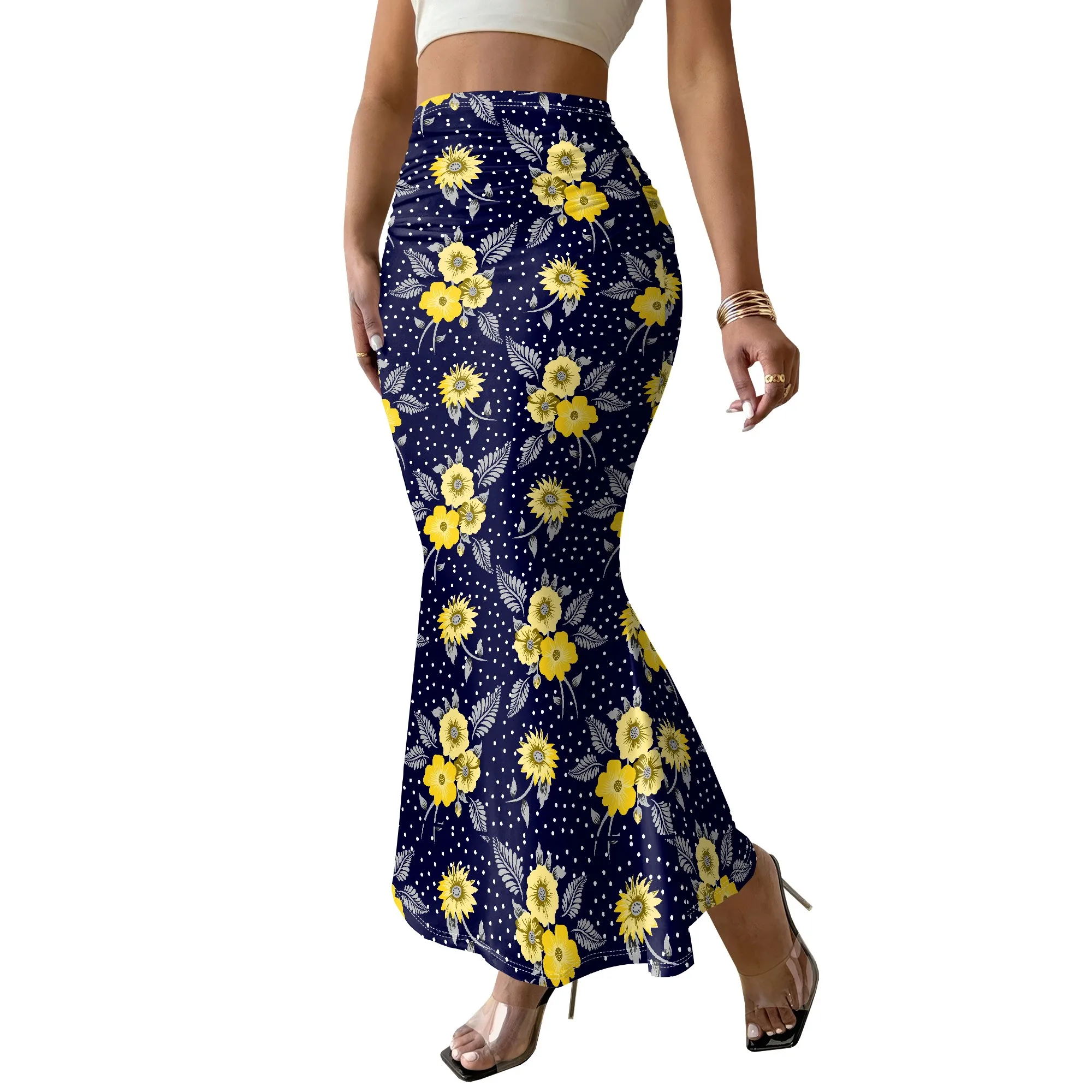Floral Mermaid Skirt, Yellow Daisy Print, Navy Blue Polka Dot, Boho High Waist, Beach Party Wear, S-2XL