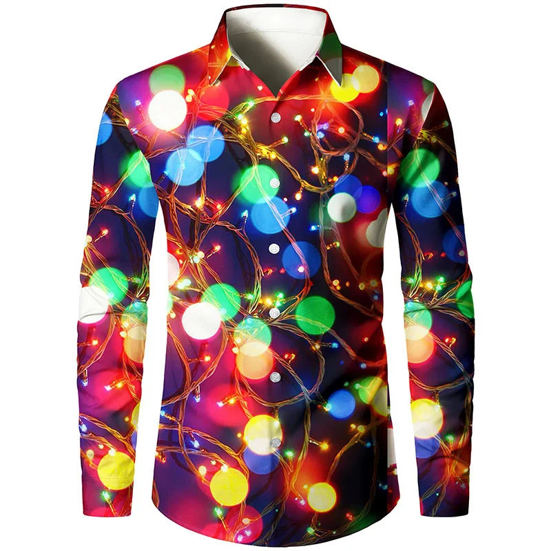 

3D Printed Happy New Year Hawaiian Shirts Men Merry Christmas Pattern Aloha Shirts Casual Loose Long Sleeve Lapel Tops Blouse