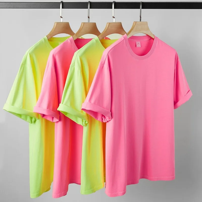 Fluorescent Yellow Short Sleeve T Shirt Men Casual Washed Distress Do Old Tee Loose High Street Pink Cotton Tops Unisex Clothes