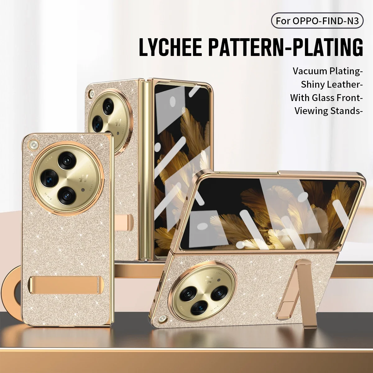 

For OnePlus Open Case Leather Glitter Bling Plating Luxury Kickstand 360 Full Screen Protector Phone Cover For Oppo Find N3