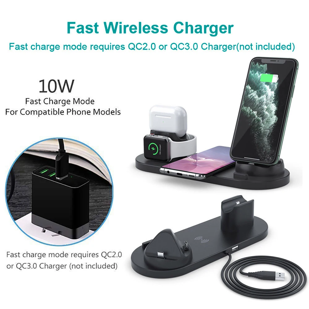 Estación de carga inalámbrica 6 en 1, soporte de carga rápida Qi de 15W para iPhone 14, 13, 12, 11, Apple Watch 8, 7, 6, 5, Airpods 2, Samsung, novedad de 2022