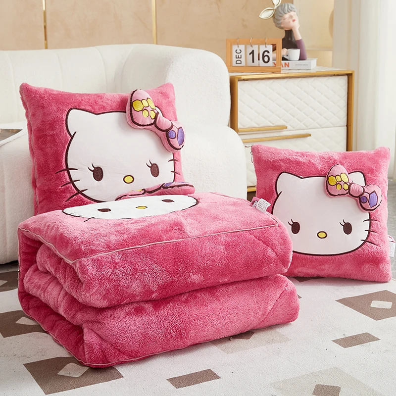 Pelúcia HelloKitty Lance Travesseiro Cobertores, 2 em 1, Flanela Kawaii, Espessamento Sesta Cobertor, Sala e Decoração Do Quarto