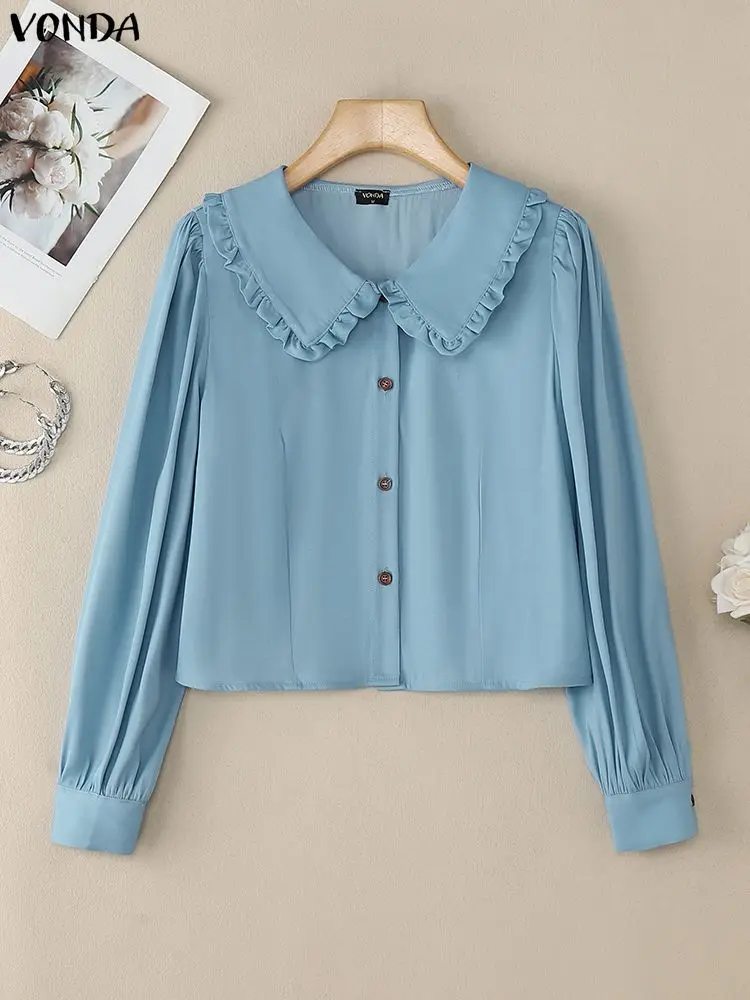 VONDA Fashion Shirts Women Long Puff Sleeve Casual Solid Blouse Spring Autumn Peter Pan Collar Elegant Office Lady Female Tops
