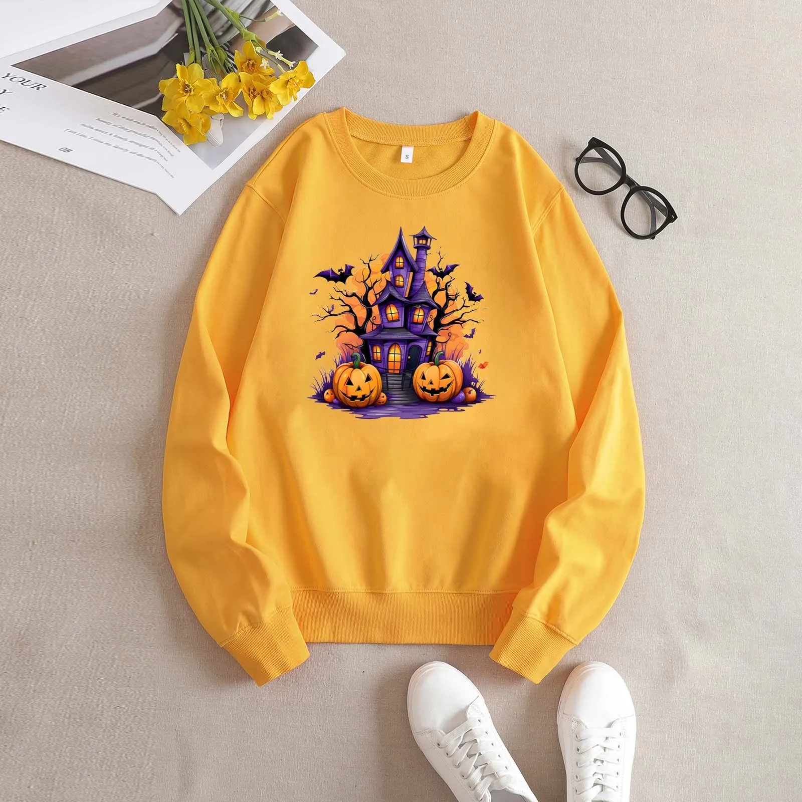 

Women's Pullover Hoodie Pumpkin Print T Shirt O Neck Tops Sweatshirt Loose Autumn Winter Casual Streetwear Halloween Blouses