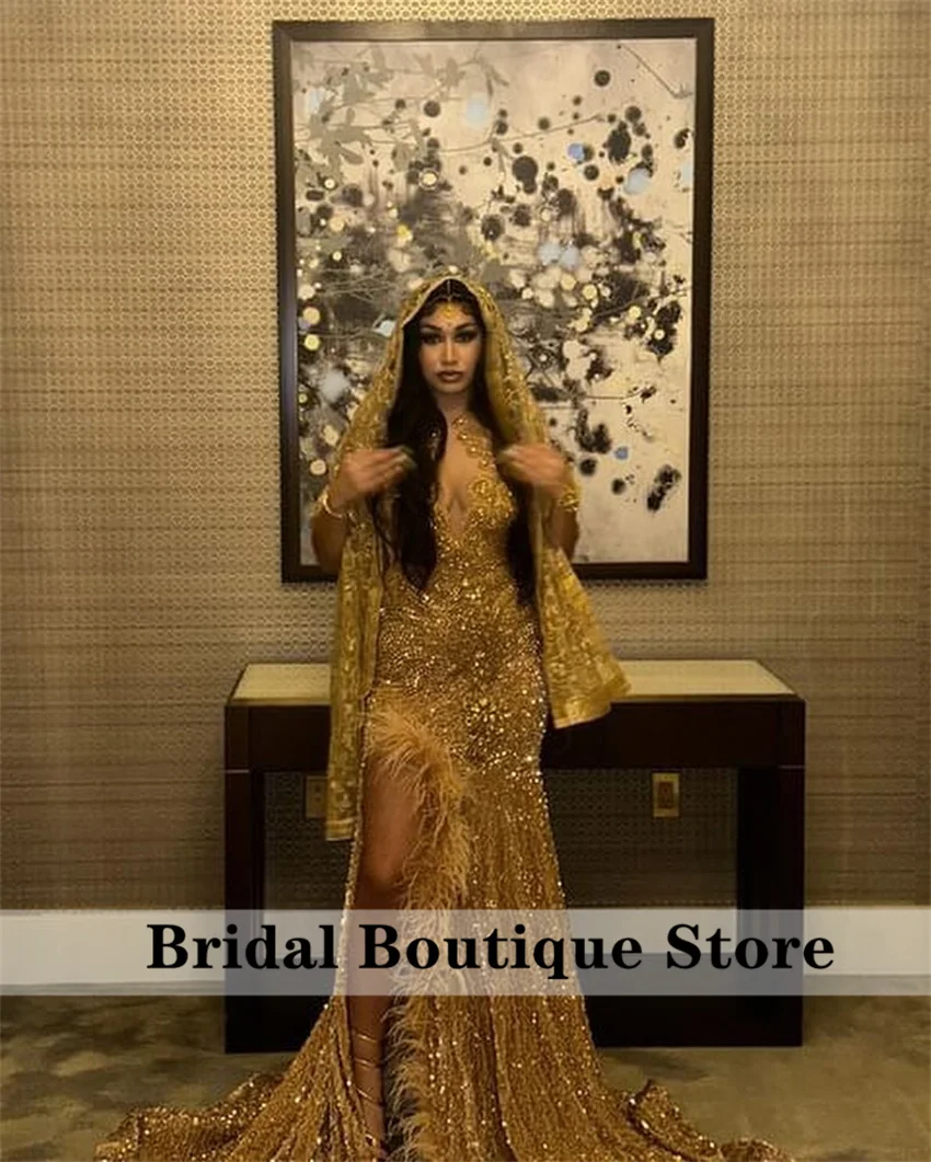 Elegant Gold Diamonds Long Prom Dress With Cape Beads Crystals Gems Mermaid Birthday Wedding Party Gown Customized