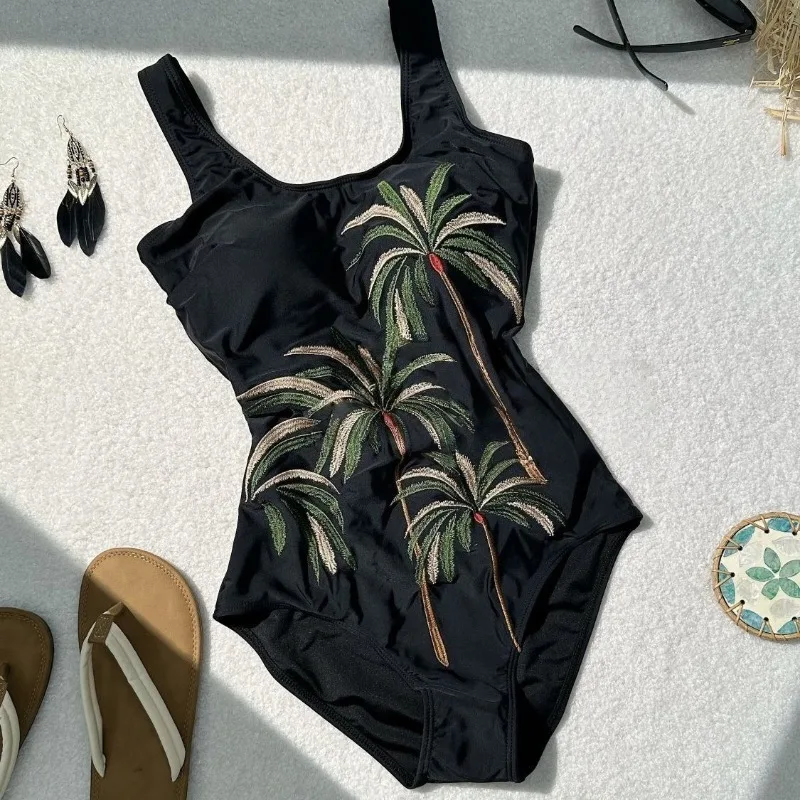 

Французский винтажный черный цельный купальник 2025 года в стиле бохо, пляжное бикини, купальник Y2K, сексуальный отпускной купальный костюм с открытой спиной для женщин