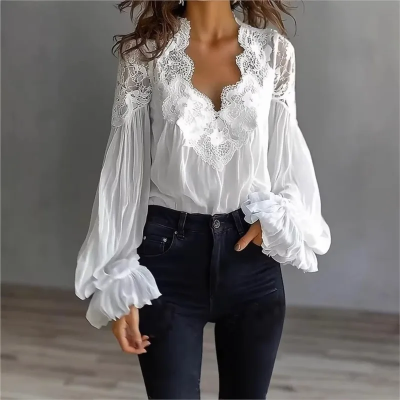 

Fashion Elegant Women's Blouse 2026 Lace Patchwork Solid Color V-neck Lantern Sleeve Shirt Office Lady Commuter For Female