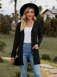 Buttoned Outerwear Women's Brushed Pit Strip Solid Color Long-Sleeved Ladies Cardigan