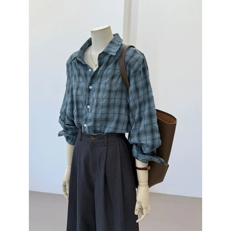 

Модная осенняя новая синяя клетчатая рубашка с лацканами, высококачественная универсальная многослойная повседневная универсальная рубашка с длинными рукавами для поездок на работу