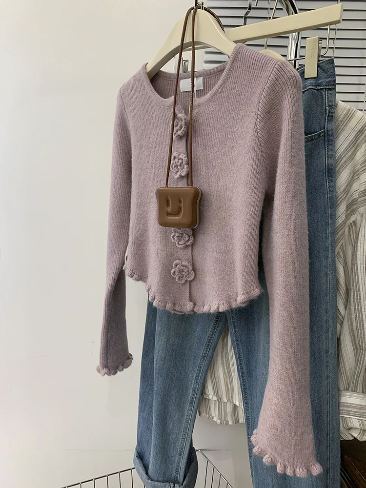 

Fashionable Gentle Style Three-dimensional Flower Knitted Sweaters Women's Autumn Temperament Slim Long Sleeves Tops