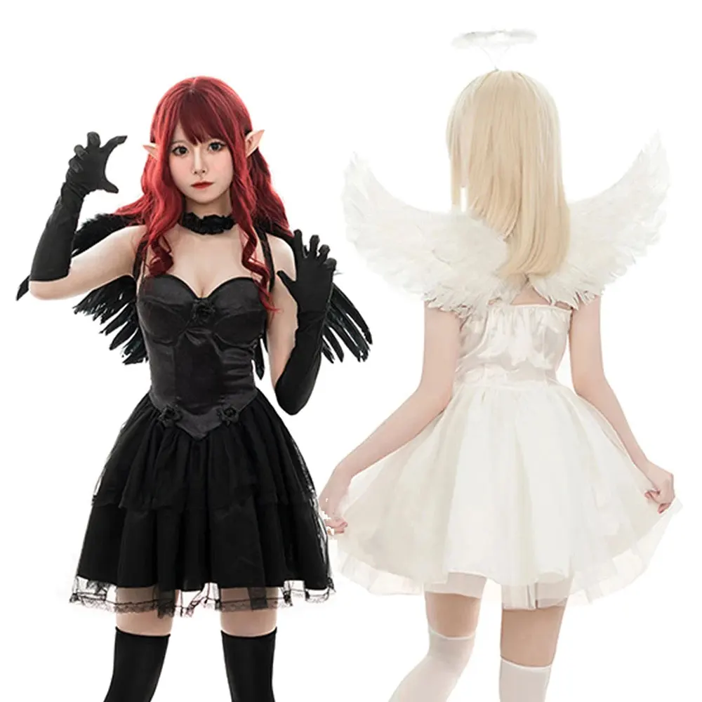 

Halloween Lady Fallen Angel Demonic Costume Dark Desir Halo Feather Wings Spooktacular Cosplay Feather Wings Dress Up
