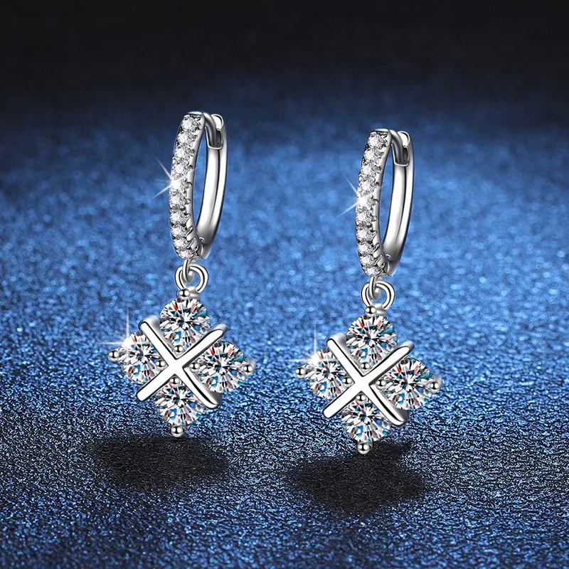 

S925 Sterling Silver Dreamcatcher Earrings Cross Design Moissanite Elegant Classic Studs for Women