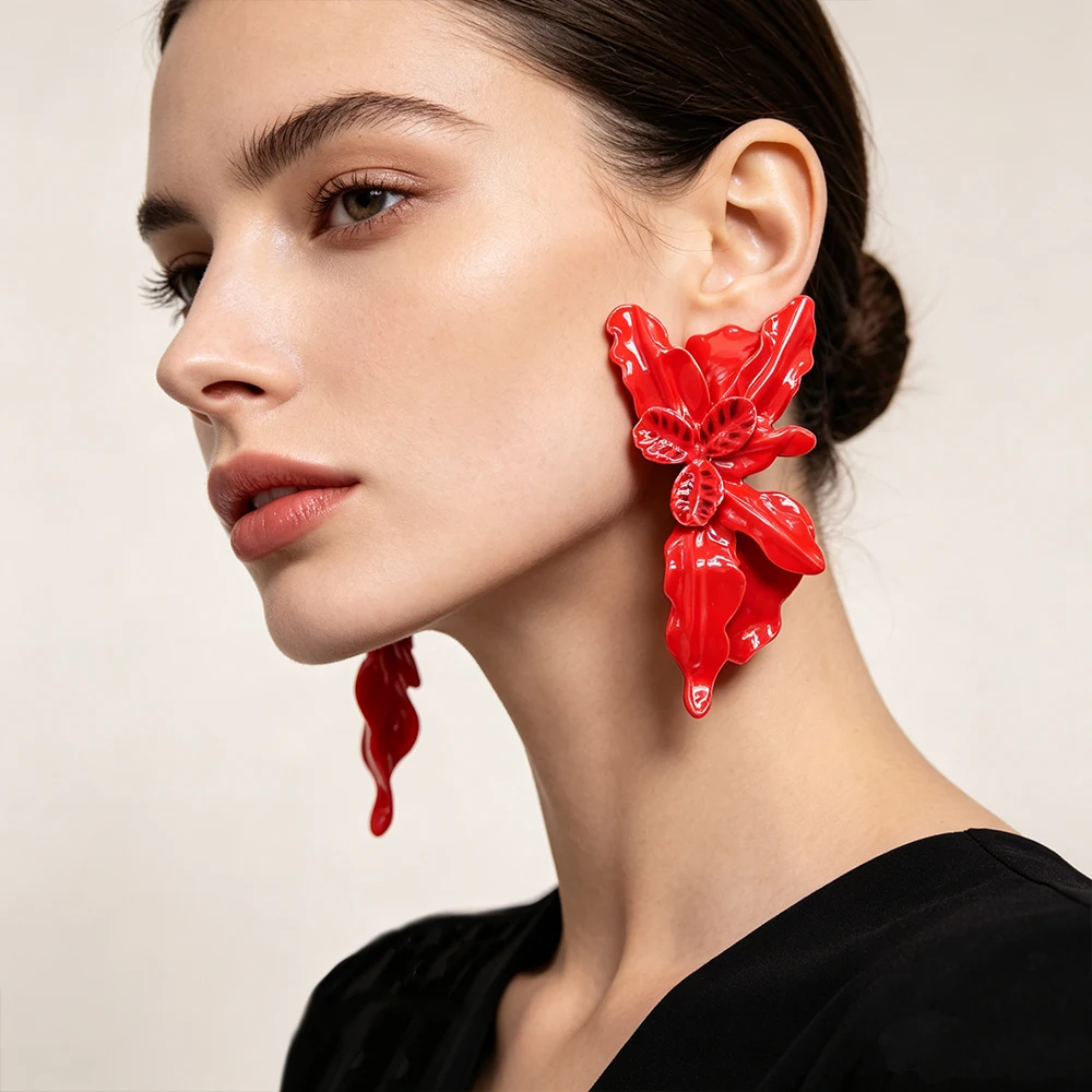 Elegant Oversize Enamel Drip Oil Big Flower Earrings Women Alloy Carved Large Floral Dangle Jewelry Gift Travel Daily Beach Gift