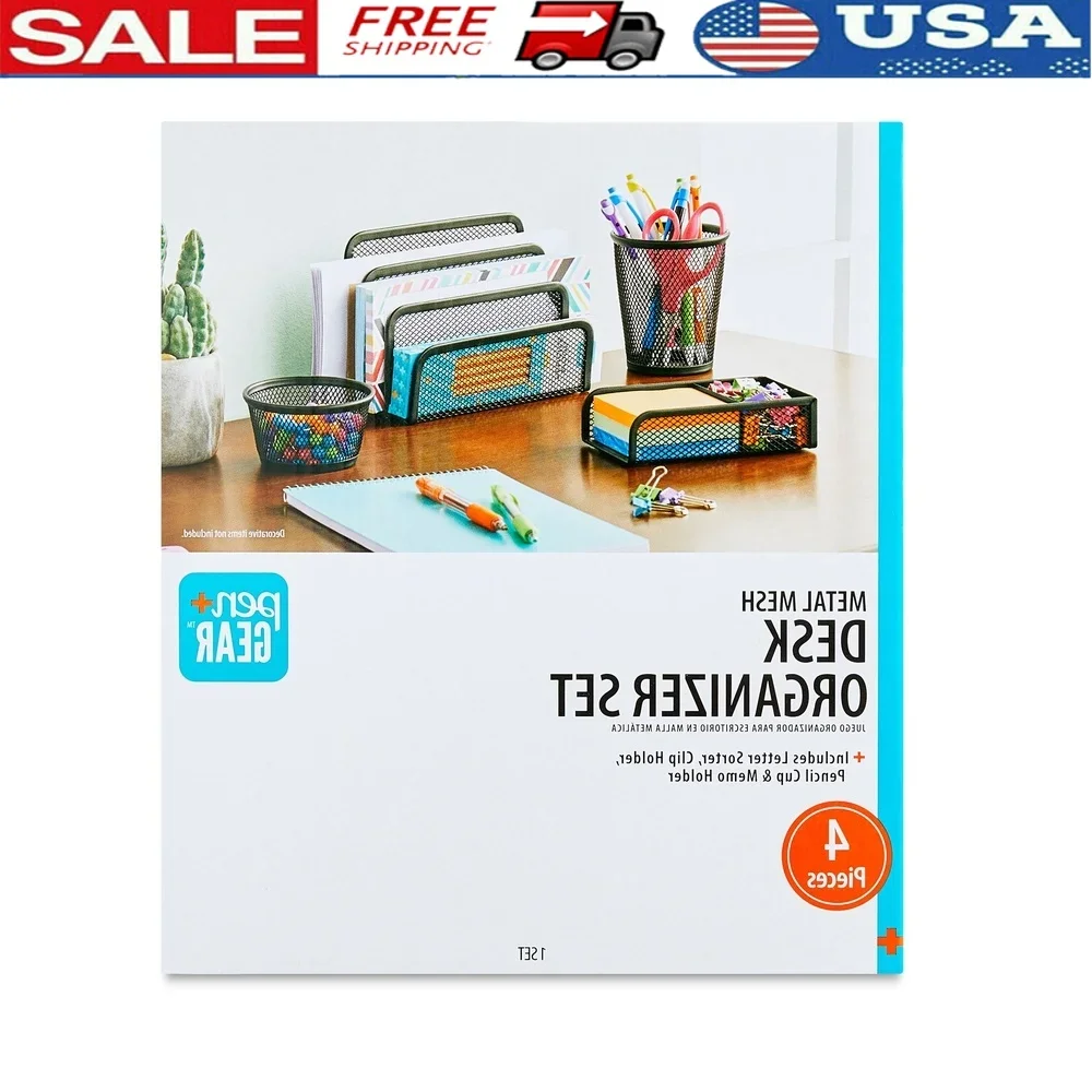 

Metal Desk Organizer Set 4 Pieces Mesh Design Letter Sorter Pencil Cup Memo Holder Clip Holder Durable Office Home Storage