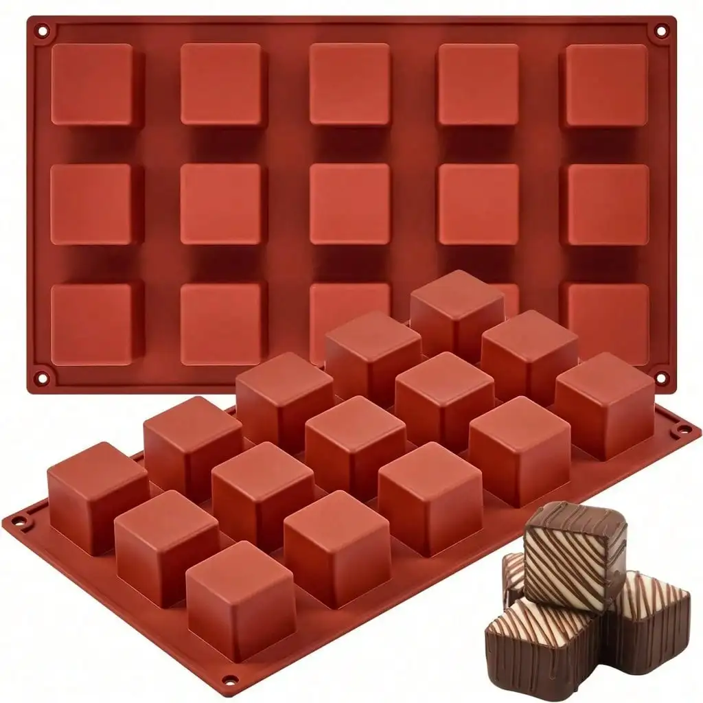 

1pc Square Silicone Molds, 15-Cavity 3D Cube Mousse Cake Baking Mold, French Dessert Molds For Chocolate, Brownie, Cheesecake, J