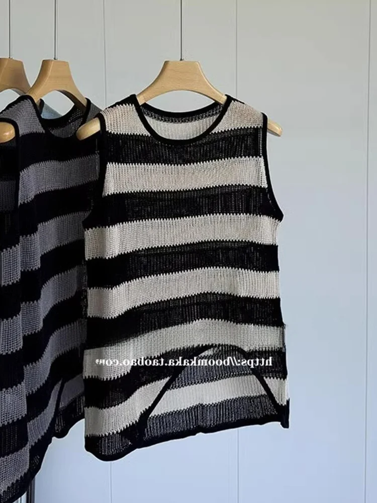 

Korean Sle Hollow out Color Blo Stripe See tough Strap Vest Thin Summer Top Super Beautiful Tank Top Women's Faion Su...