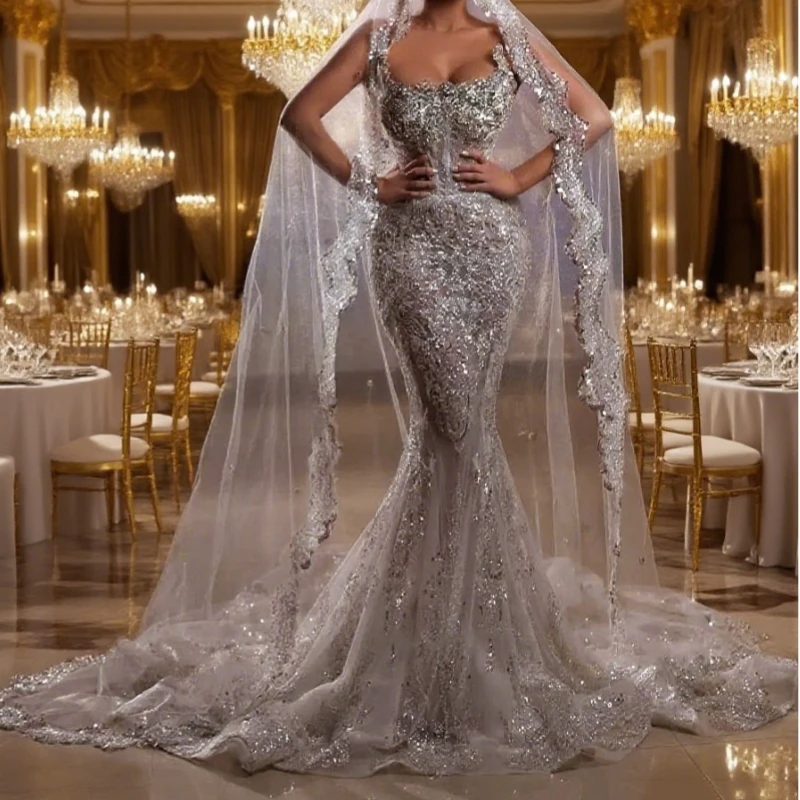 

Luxury Mermaid Wedding Dresses Sleeveless V Neck Appliques Sequins Lace Diamonds Crystals Floor Length Bridal Gowns Customized