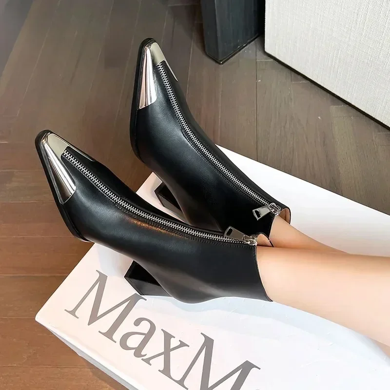 34-39 Retro Women Genuine Leather Ankle Boots Chunky High Heel Pointed Toe Shoes Autumn Black Winter Boots Sexy Zippers