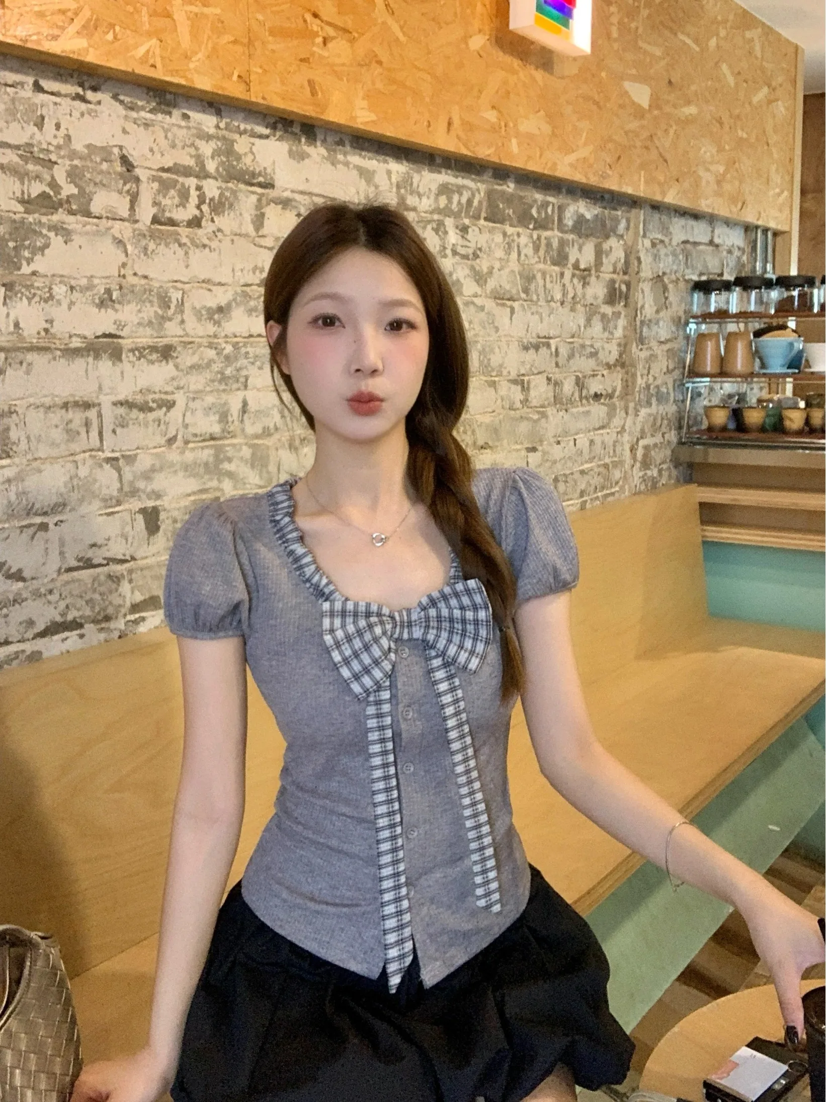 

plus Size Women's T-Shirt Summer New Style Waist Cinching Knot Short Sleeve Plaid Design Elegant Unique Top