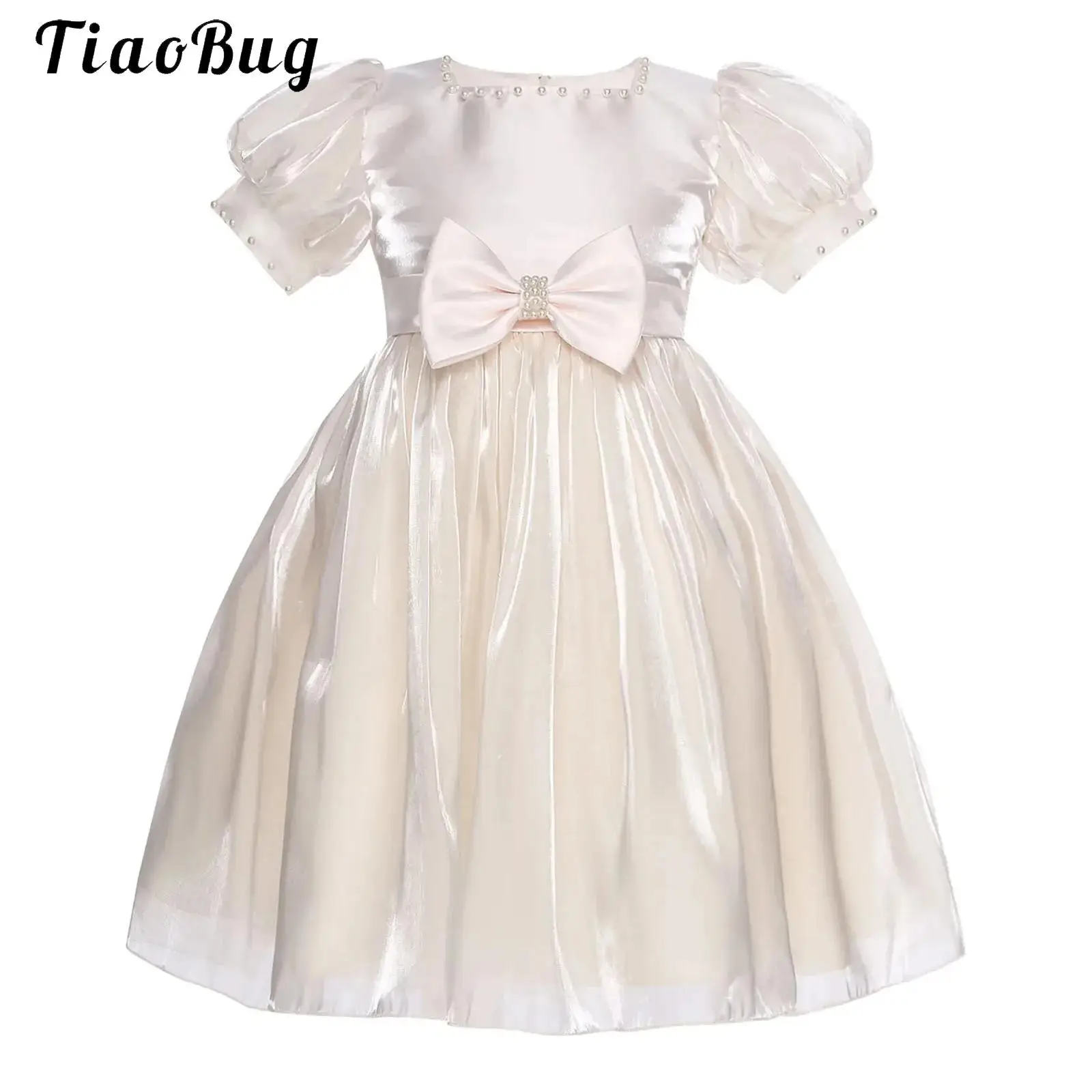 

Toddler Girl Pageant Flower Dress Cute Bow Short Puff Sleeves Baby Princess Wedding Dress for Birthday Formal Party Ball Gowns