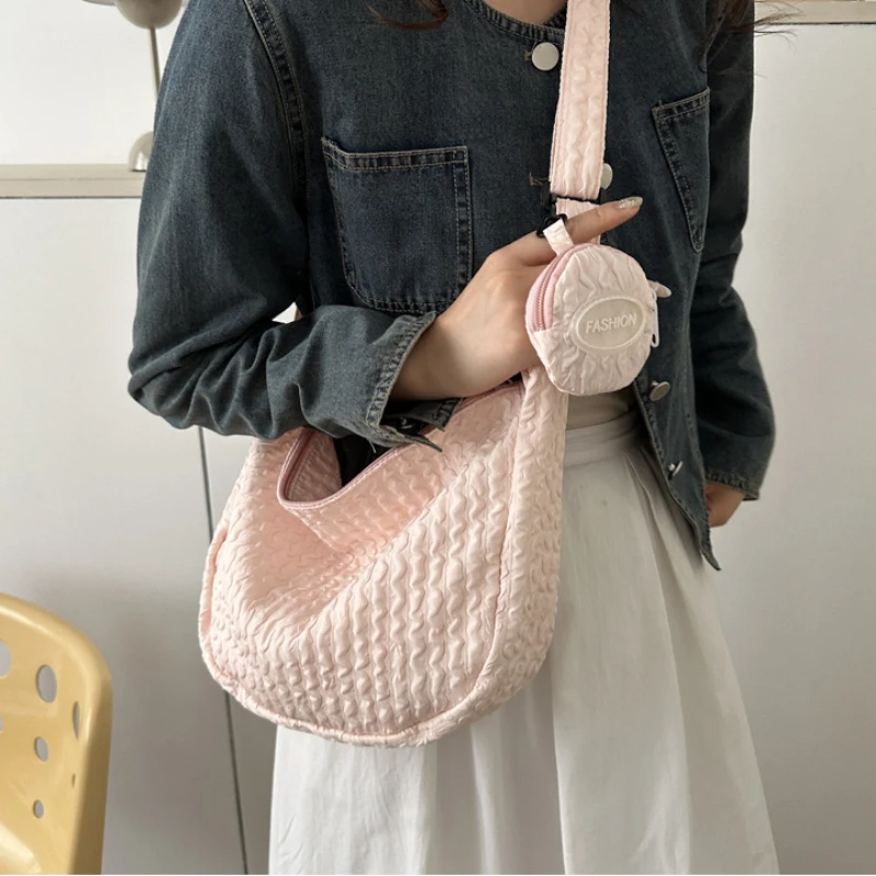 Women Pleated Cloud Shoulder Crossbody Bag Candy Color Sweet Cute Soft Lightweight Bag Casual Fashion Girl 2 in 1 Messenger Bag