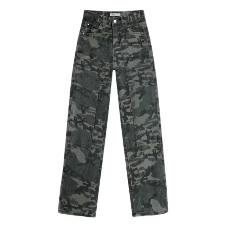 

Осенние новые женские джинсы с высокой талией, джинсовые брюки-карго, длинные брюки, камуфляжные прямые брюки, свободные повседневные брюки с карманом на пуговицах