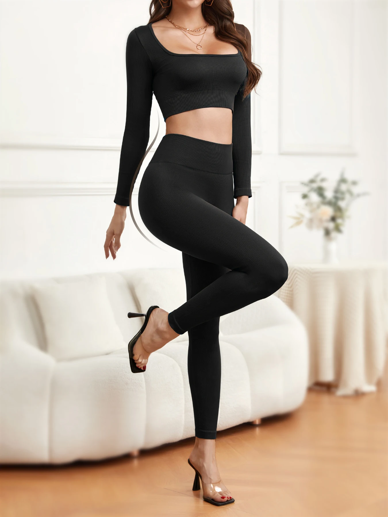 

Женские комплекты для тренировок, комплект из 2 предметов, одежда для йоги с длинными рукавами, спортивная одежда, бесшовный укороченный топ в рубчик, леггинсы с высокой талией