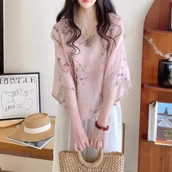 Middle Sleeve Print Shirt for Women, Short Top, Women's Button Design, Chic Shirt Trend, Female Korean Popular Clothes