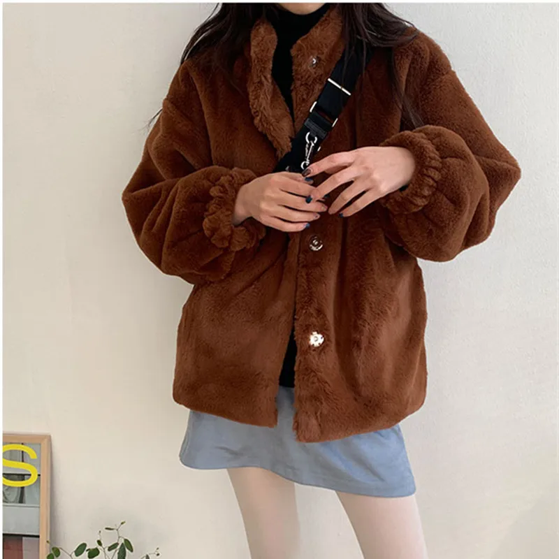 

Chic Korean Sle Women's Faionable Stand Collar Coat Warm All-Match Autumn Winter New Arrival Fluffy Top Commute Sle
