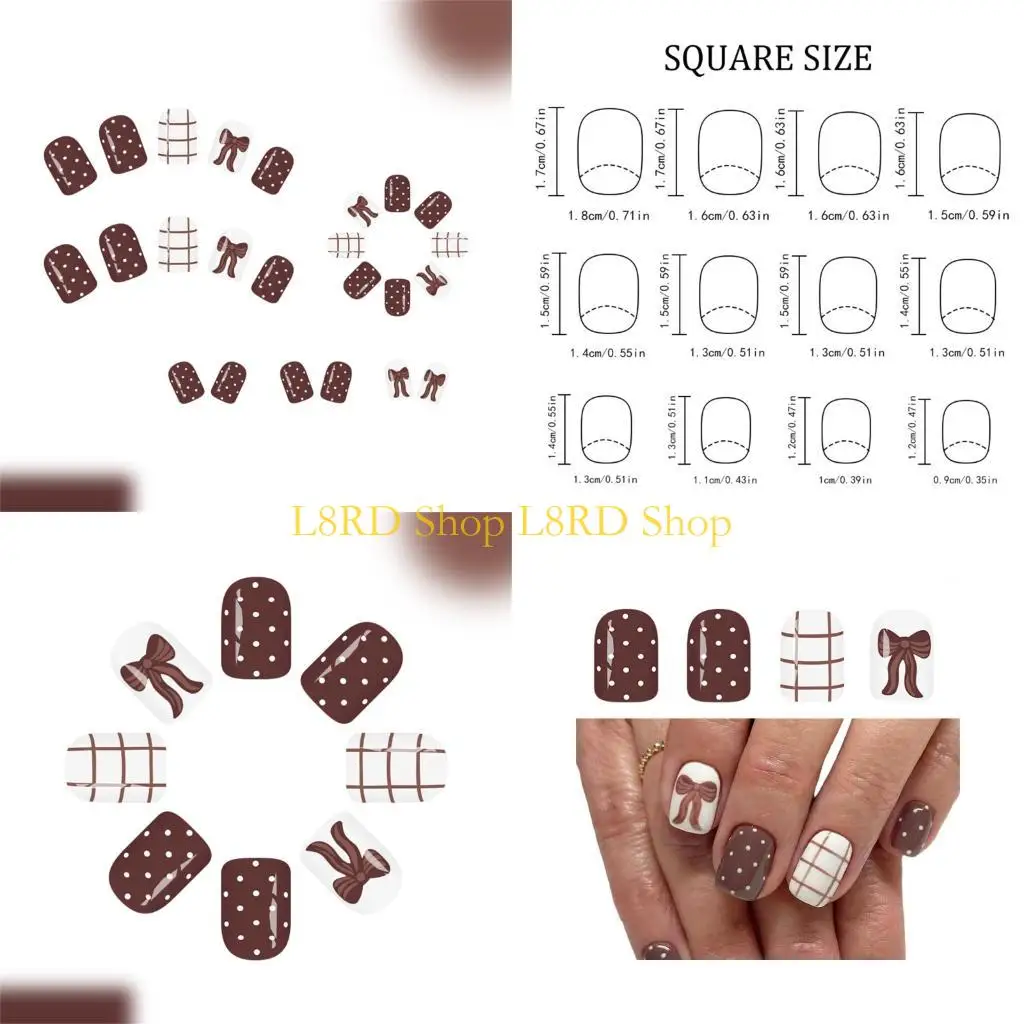

L8RD 24 шт. глянцевый пресс на ногтях короткие квадратной формы коричневые банты в клетку в горошек