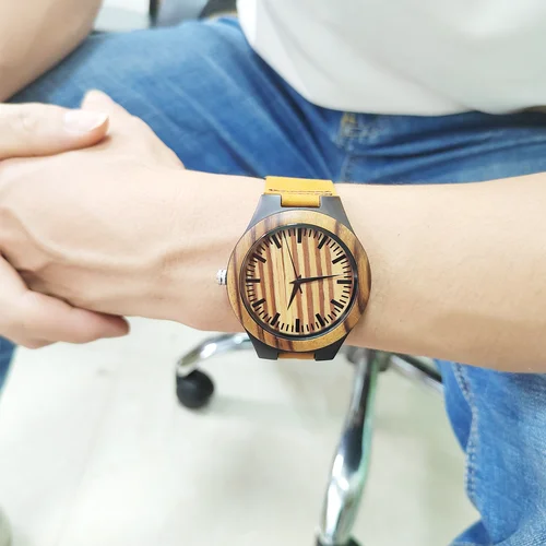 Imagen 2 del producto Relojes de pulsera de madera para hombres y mujeres, reloj con correa de cuero, relojes de madera de cuarzo, regalo de cumpleaños personalizado para hombres, reloj para hombre