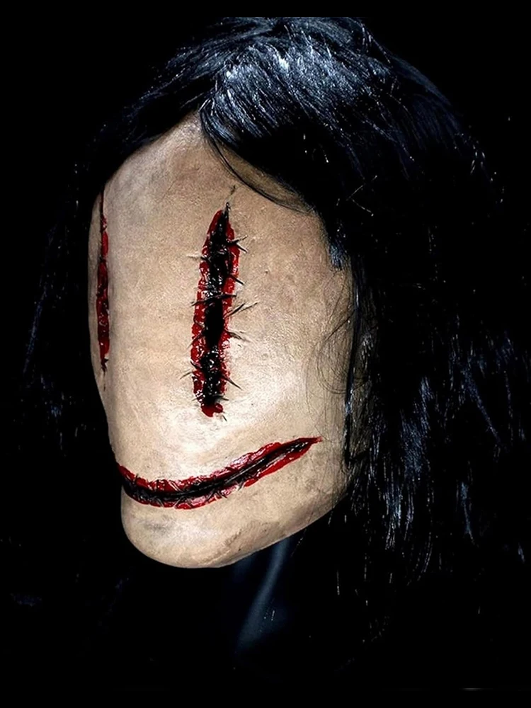 Maschera da festa in maschera horror di Halloween Maschera da festa insanguinata realistica horror smiley Cosplay Maschera pullover in lattice complicata con oggetti di scena per costumi per capelli