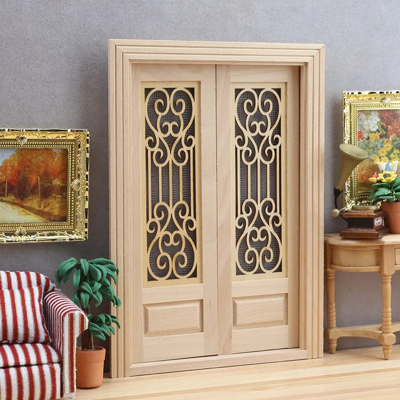 1:12 Dollhouse Double Wooden Door with Carved Screen, Unpainted DIY Openable Doors for Mini Room, Dollhouse Building Accessory