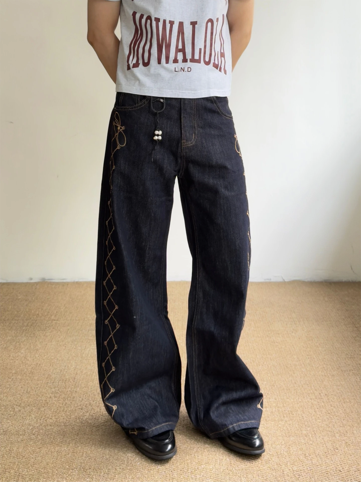 Jeans Americanos Retro com Estampa de Diamante, Calças Casuais Largas para Homens e Mulheres, Jeans Unissex