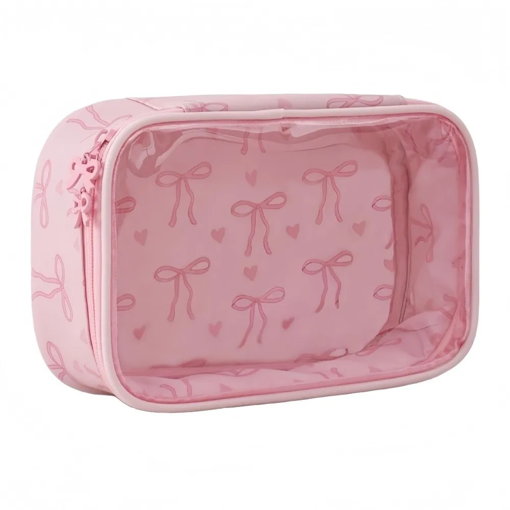 Cute PVC Makeup Bag Bow Transparent Pink Toiletry Handbag Waterproof Trip Bag Cosmetics And Toiletries