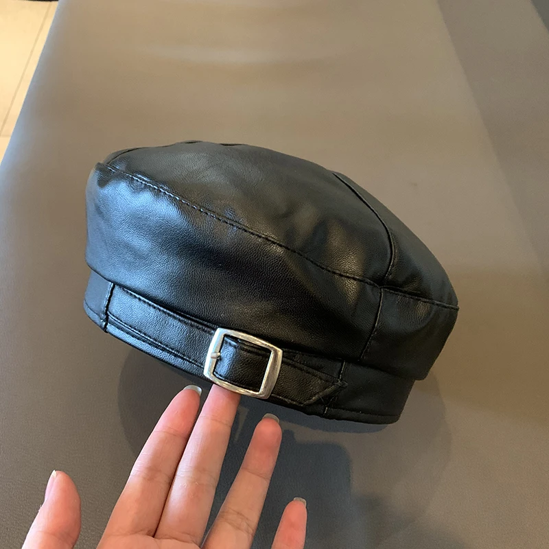 PU Leather Beret Female Spring and Autumn Style British Retro Iron Button Painter Cap Korean Style All-Matching Octagonal Hat