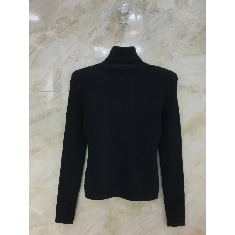 2023 New Autumn Turtleneck Slim Fit Black Blue White Office Lady Golden Button Long Sleeve Sweaters