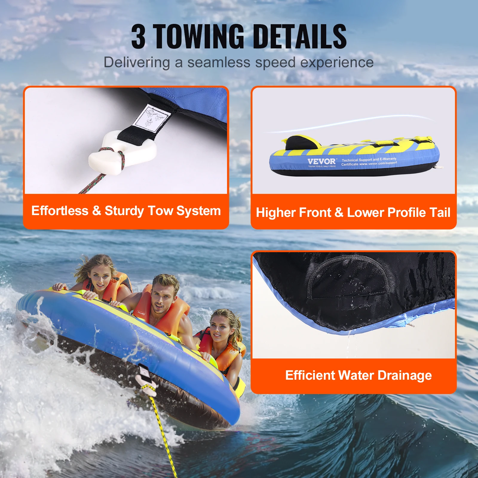 VEVOR Towable Tube for Boating, 1-3 Riders Inflatable Towable Tube with Bumper Fins, 510 lbs Water Sport Towable Tubess