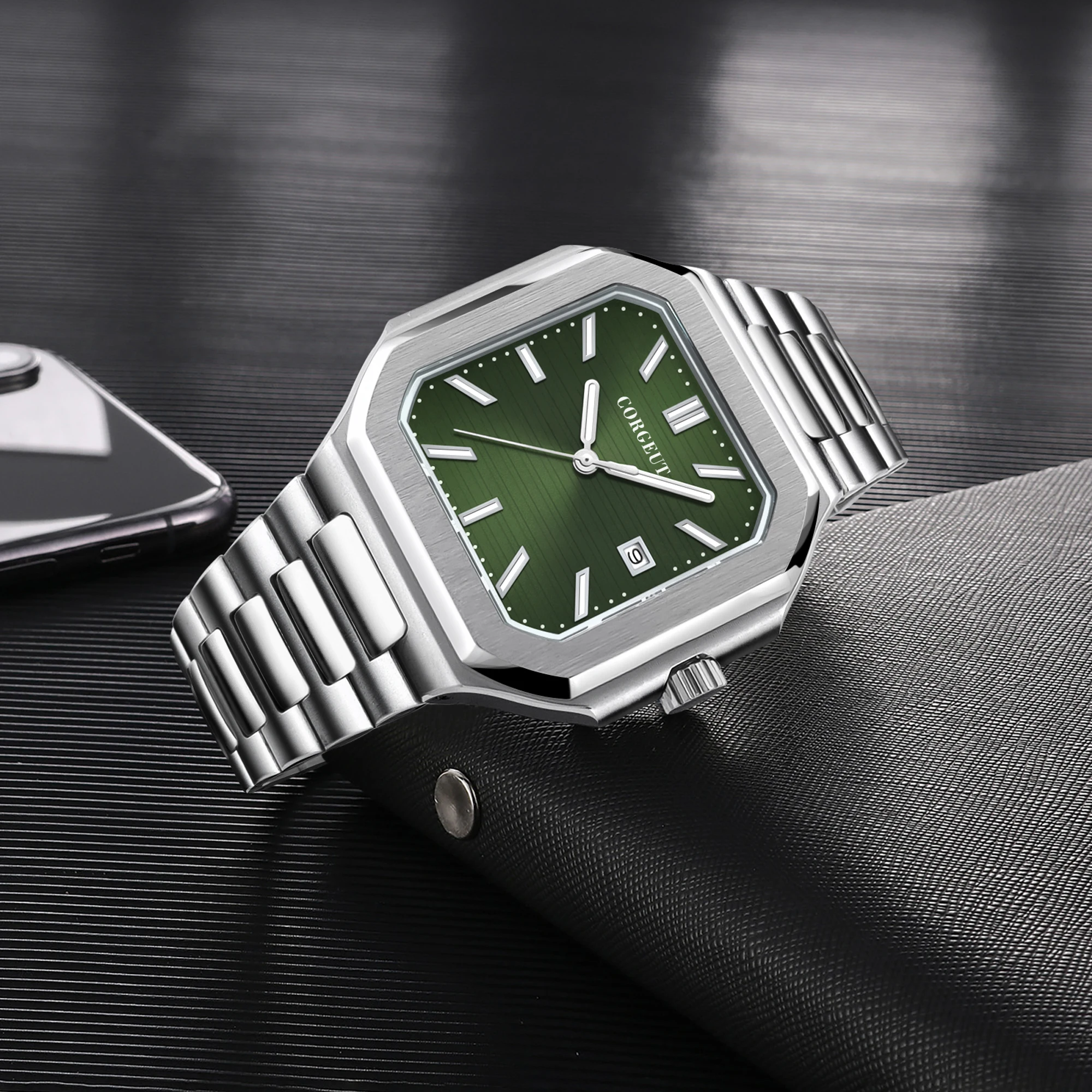 Relógio Corgeut 6032 quadrado de aço inoxidável 44,5 mm - safira, NH35 automático, 5BAR resistente à água, data