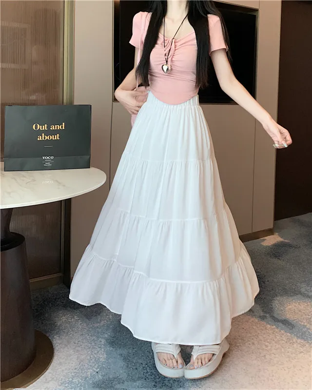 L - 4XL Plus Size Skirt For Women 2025 Summer New Arrival High Elastic Waist A Line Pleated Skirt Women Korean Fashion Skirt