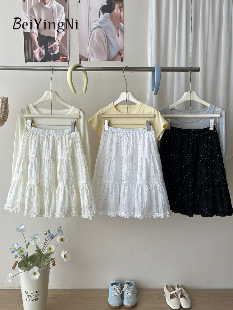 

Летняя корейская модная женская юбка-трапеция Beiyingni с принтом в горошек, повседневная короткая юбка-пачка для девочек, трендовые белые и черные фалды