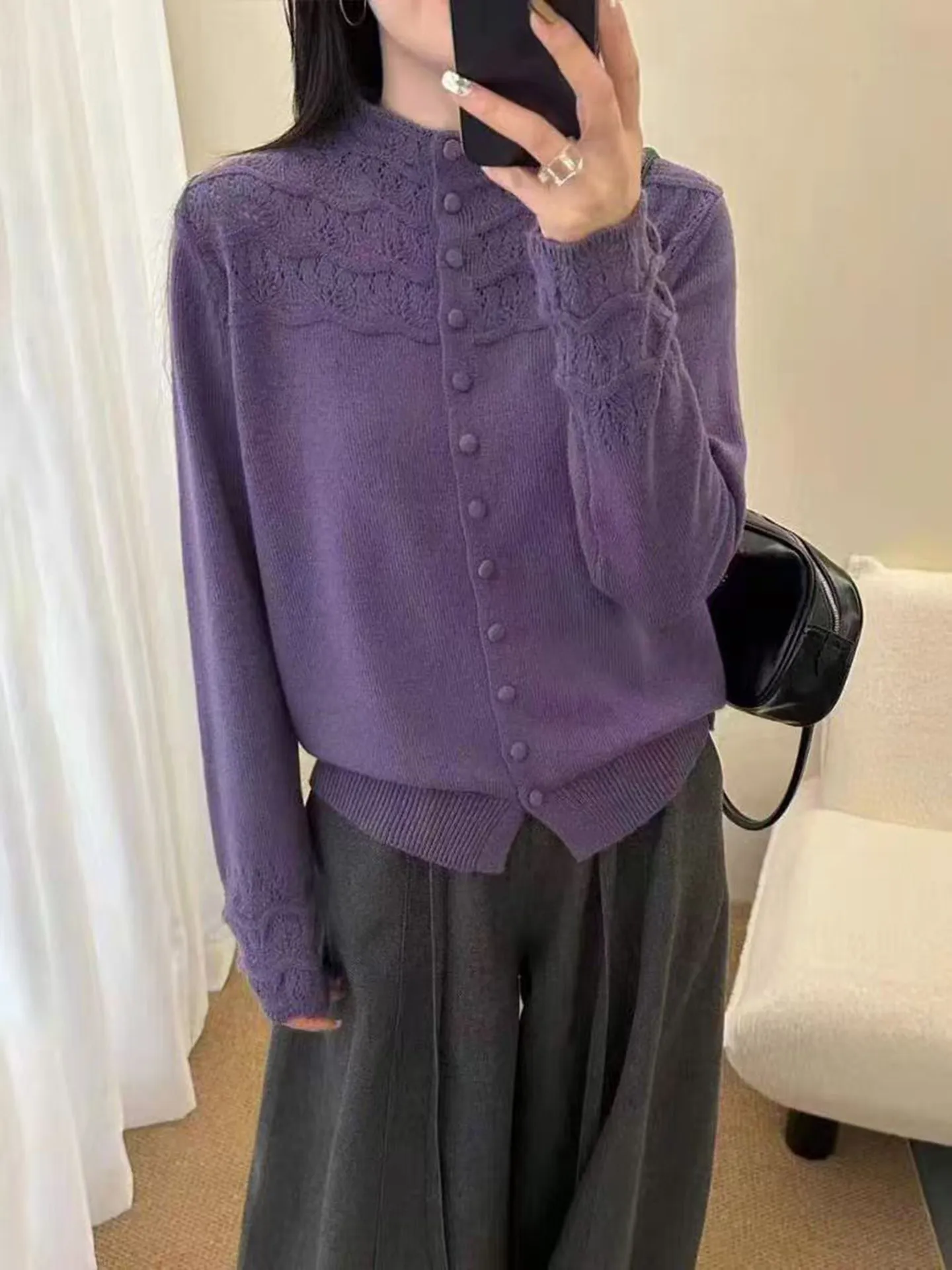 Cardigan aperto a collo alto lavorato a maglia morbida maglione autunno inverno da donna modello Sve scava fuori ricamo casual Sle