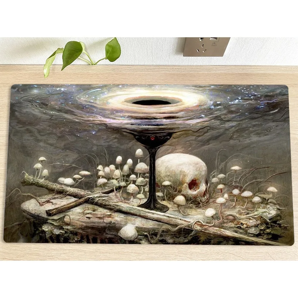 Cosmic Goblet Gaming Desk Mat Skull Glowing Mushrooms Surreal Art Premium Rubber TCG Playmat Decor Gift for Gamers