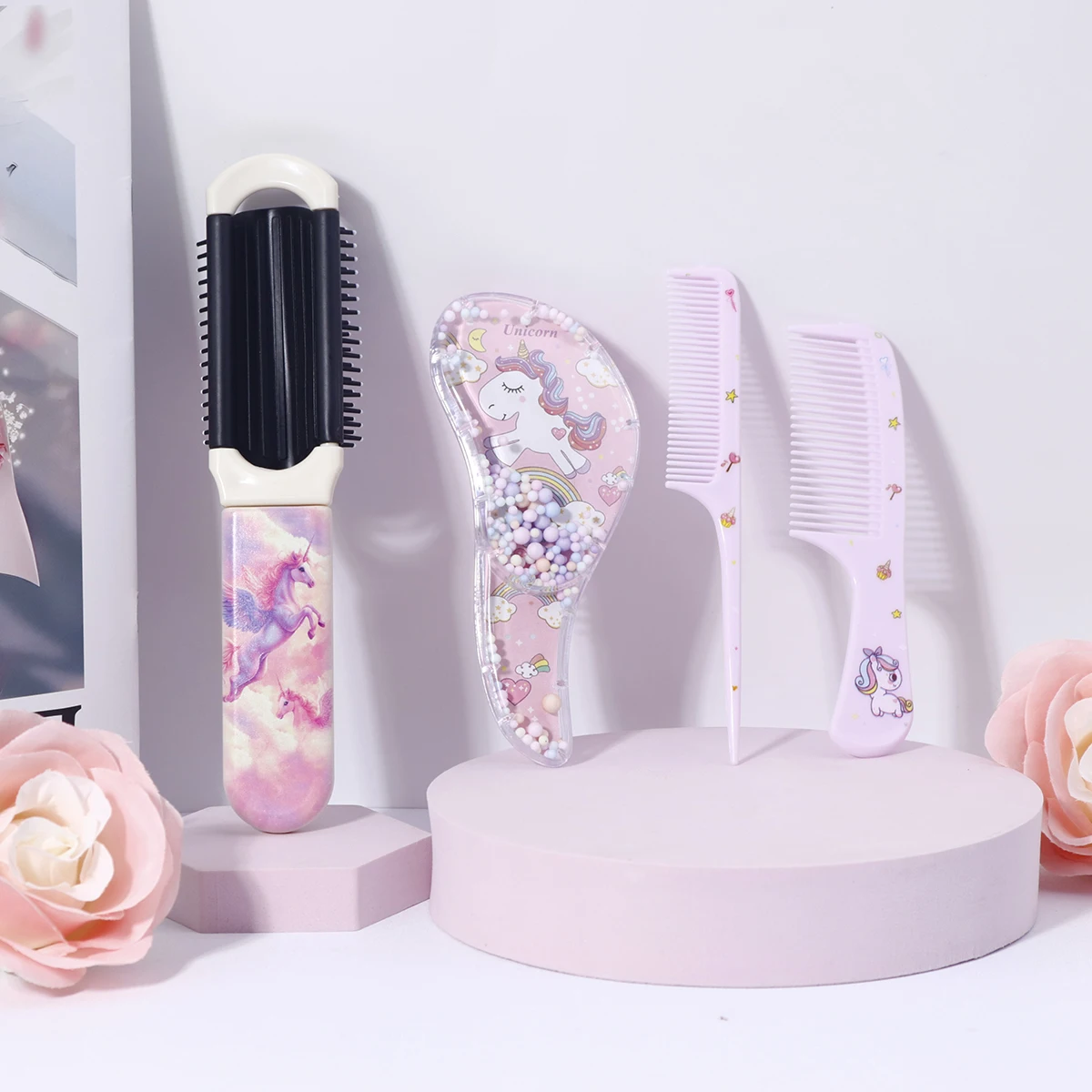 

4-piece cartoon hair comb set - both dry and wet,foldable hair brush with mirror,perfect gift choice, special for real hair wigs