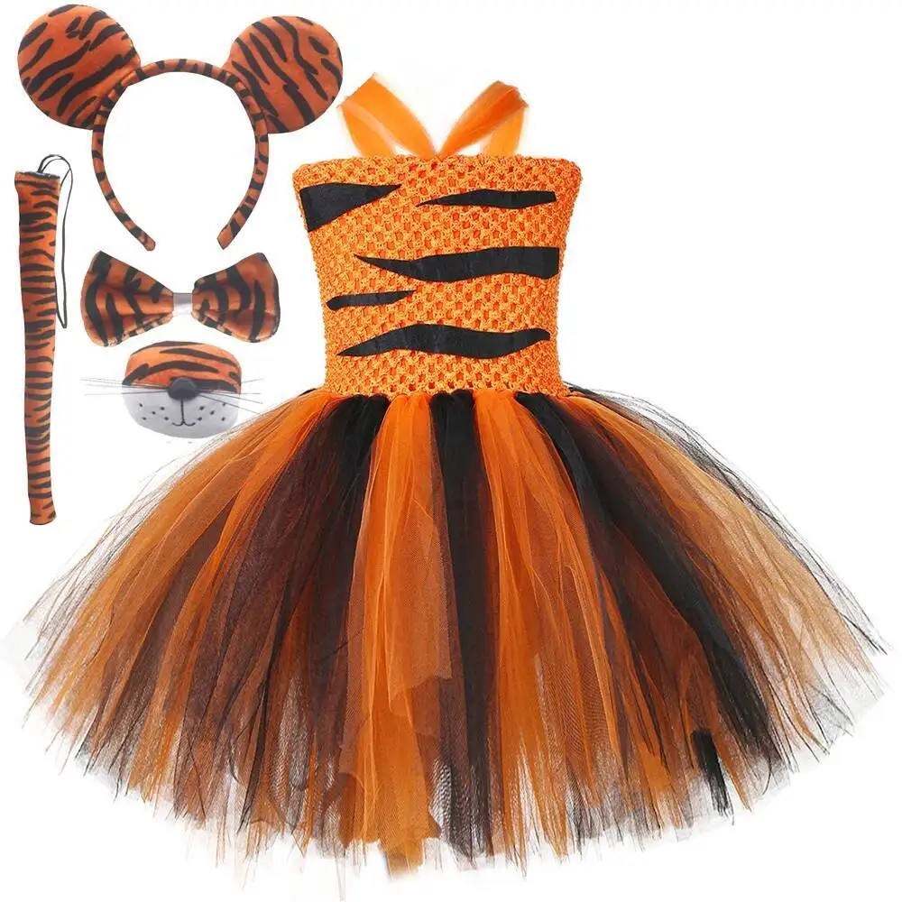 

Черно-оранжевый костюм тигра для маленьких девочек, детские платья на Хэллоуин с животными джунглей, детский карнавальный наряд для вечеринки с ушками и хвостом, комплект